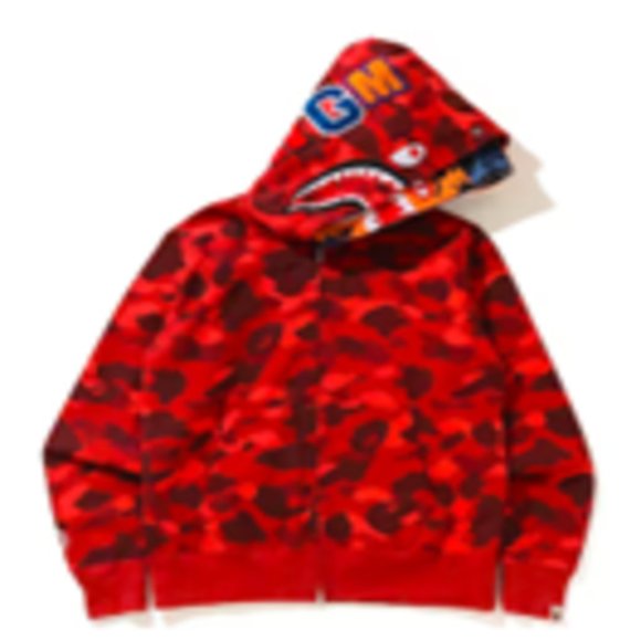 BAPE Color Camo Tiger Shark Wide Full Zip Double Hoodie Red - Picture 1 of 5